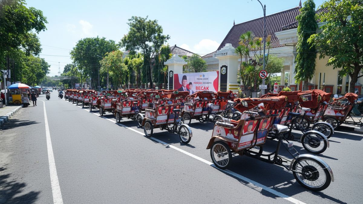 Deretan becak listrik siap diserahkan kepada penarik becak lansia di Pendopo Lokatantra Lamongan
