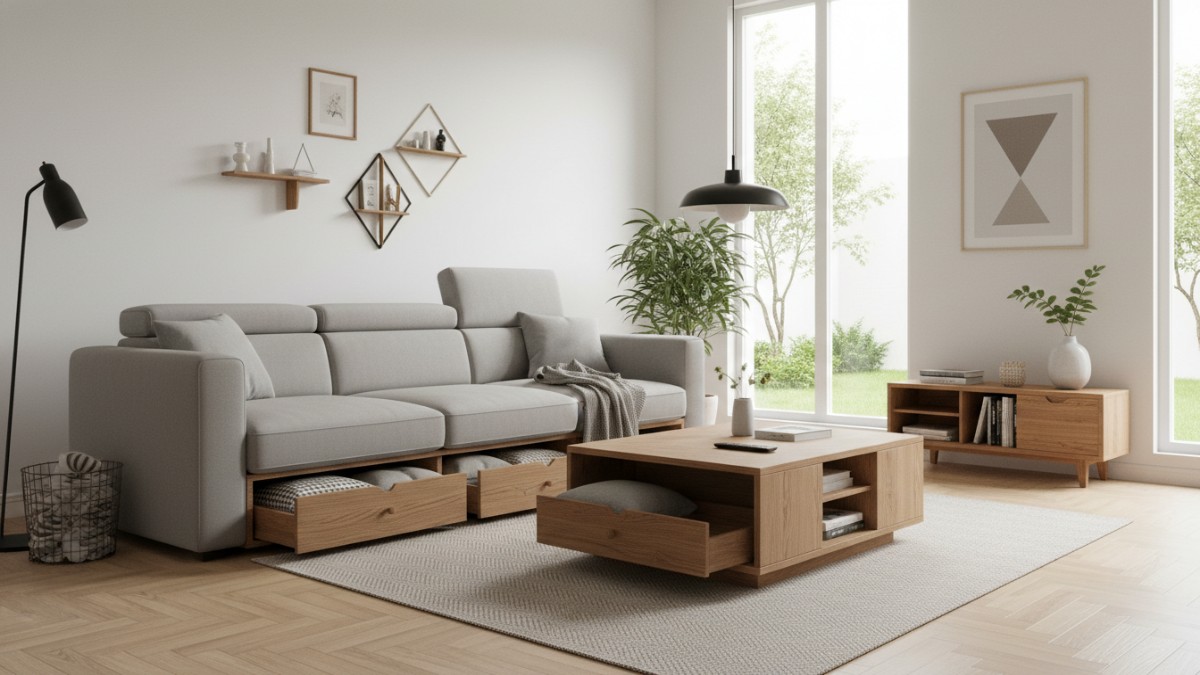 Furnitur multifungsi memberi keuntungan ganda dalam satu elemen. Sofa dengan laci penyimpanan atau meja kopi dengan rak tersembunyi membantu menyimpan barang tanpa menambah furnitur baru. 