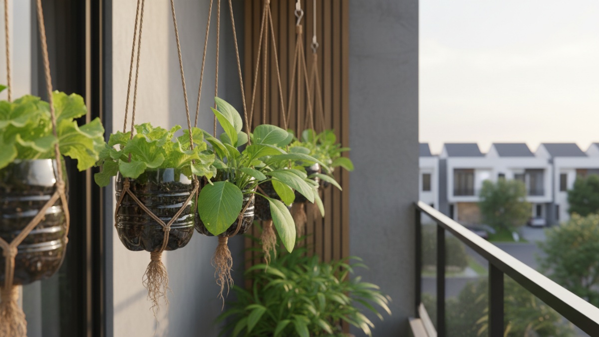 Pot gantung selada dan kangkung di area balkon.