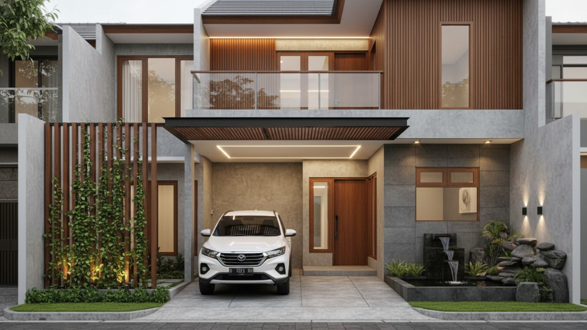 Garasi mobil modern menyatu dengan fasad rumah kecil.