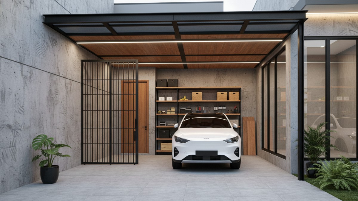 Material beton ekspos dan kayu olahan pada garasi rumah kecil.