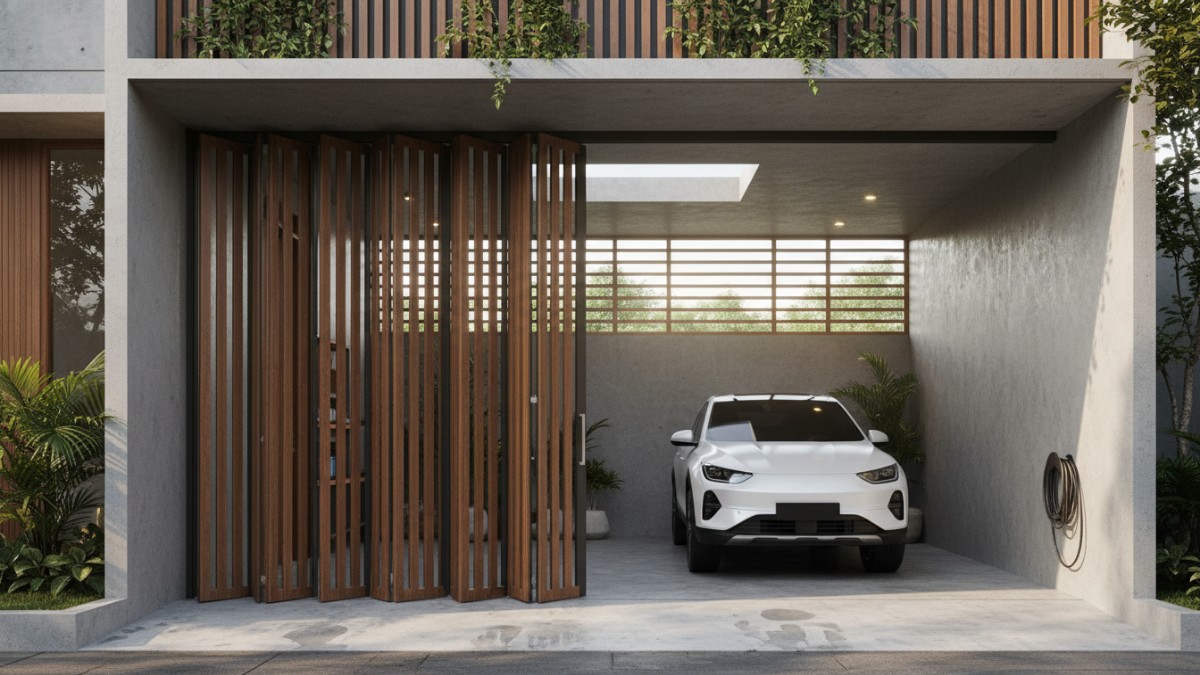 Pintu garasi geser mendukung efisiensi ruang hunian, Ventilasi dan pencahayaan alami pada garasi rumah modern.
