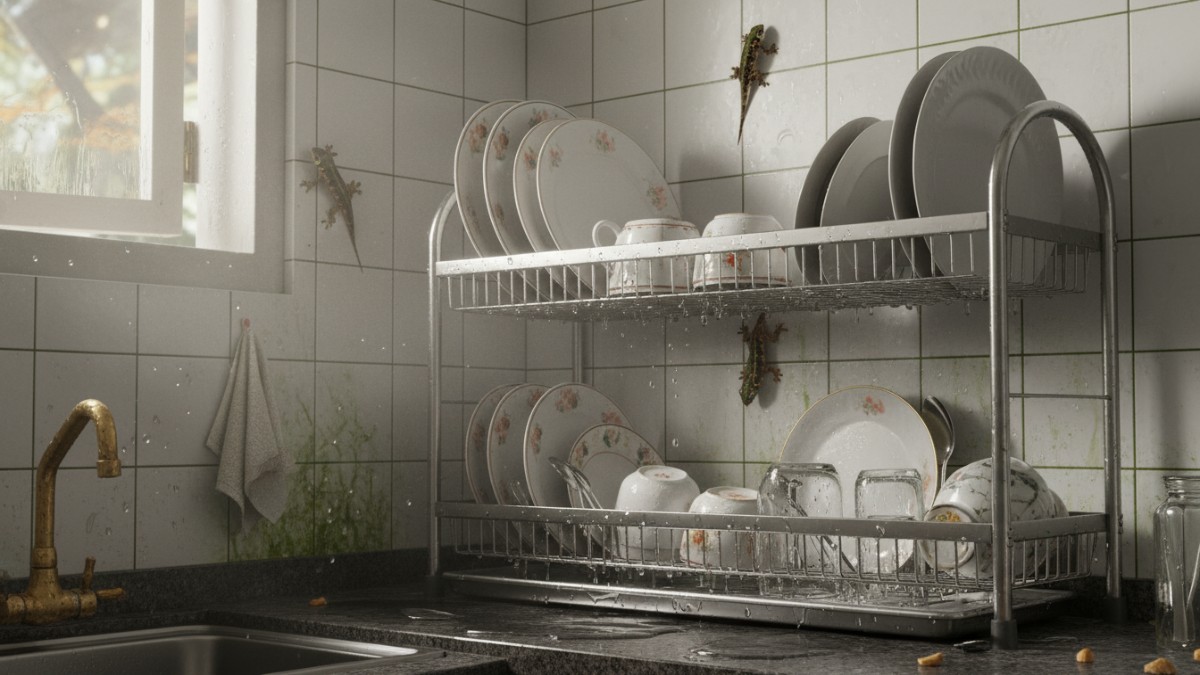 Rak piring dapur rumah dengan kondisi lembap yang sering menarik cicak.