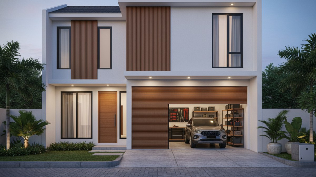 Garasi mobil rumah kecil bergaya modern dengan desain sederhana dan rapi.