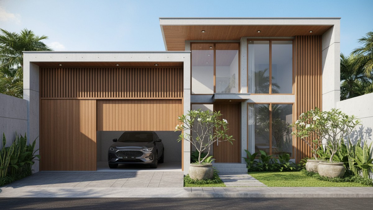 Tampilan depan rumah kecil dengan garasi menyatu pada fasad modern.