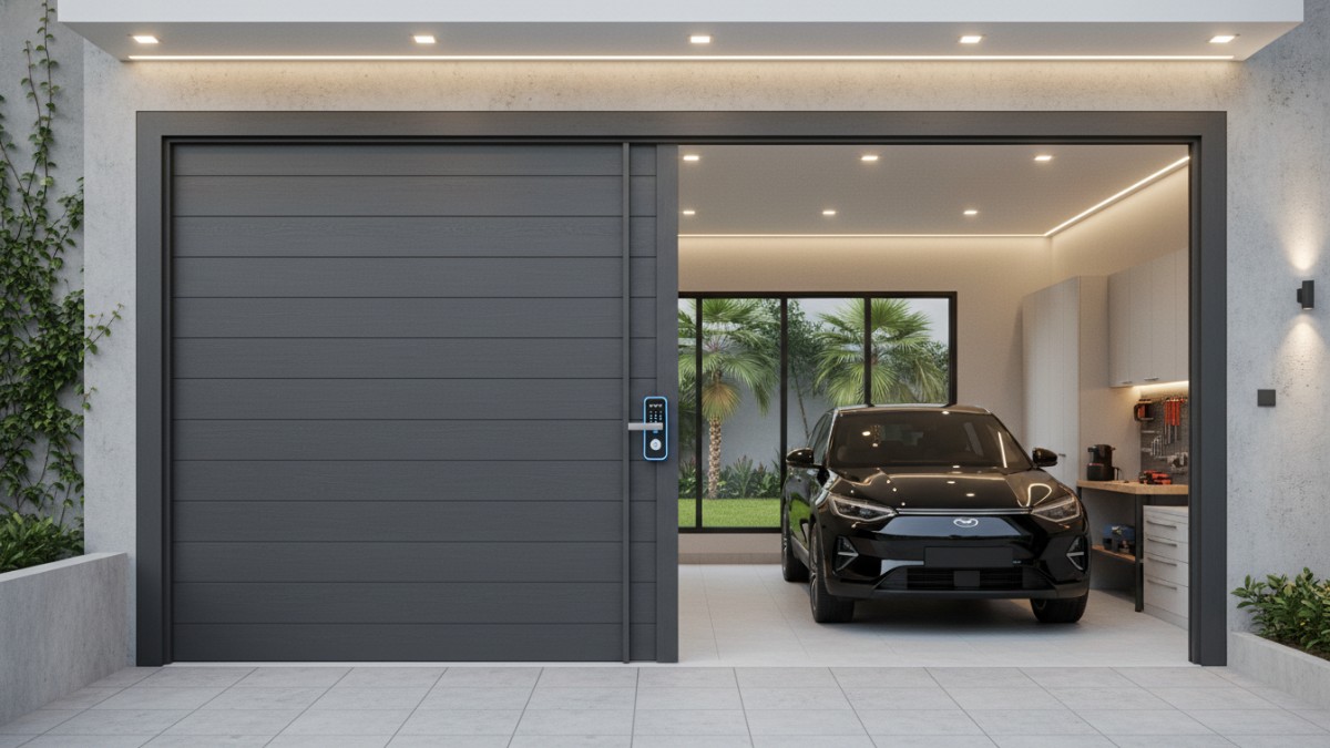 Pintu garasi kokoh dengan sistem penguncian aman, Pencahayaan buatan merata di dalam garasi modern.