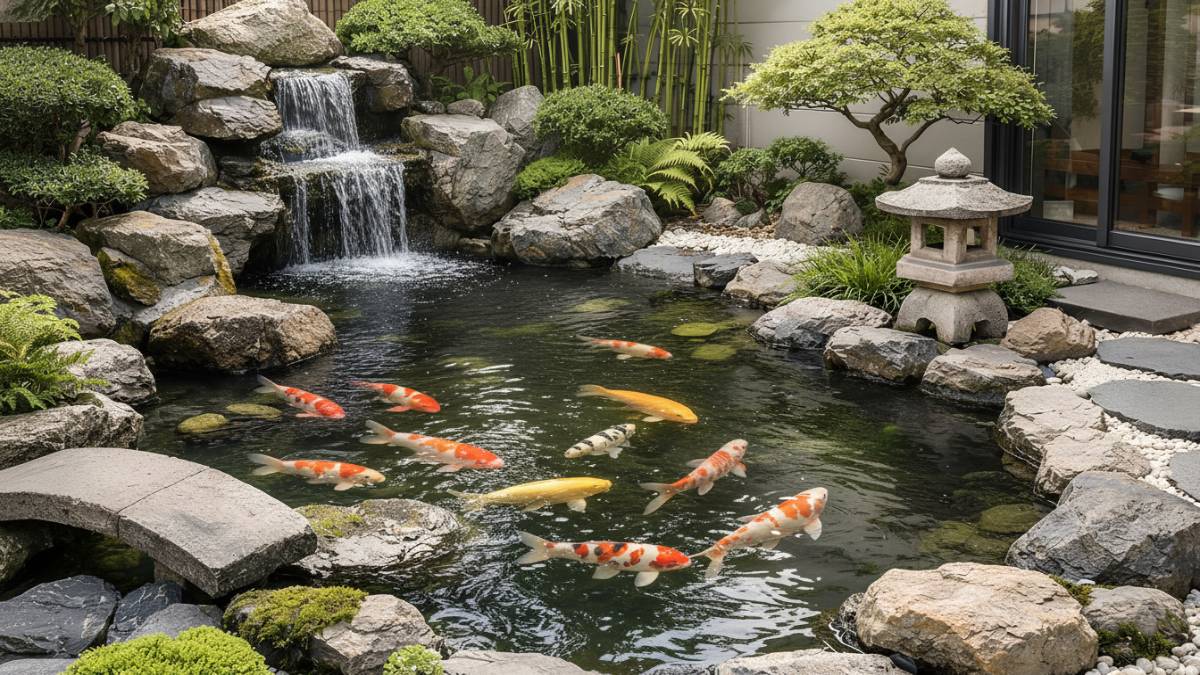 Kolam ikan minimalis bergaya taman Jepang di halaman rumah berukuran kecil dengan elemen batu dan tanaman alami.