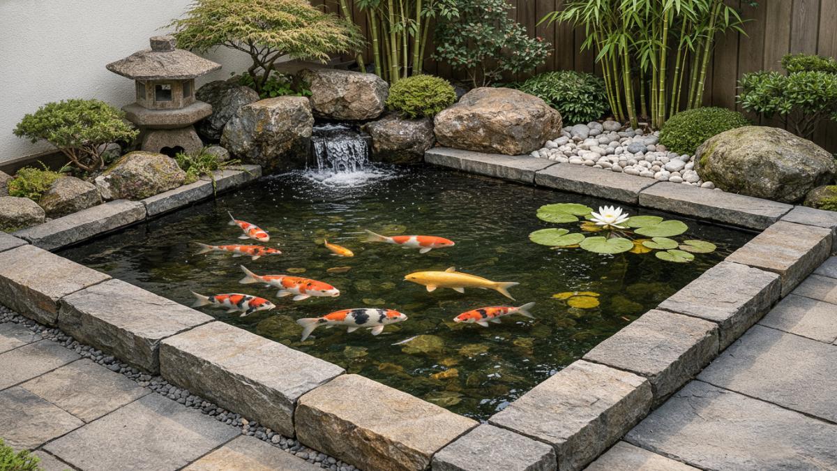Kolam ikan minimalis bergaya taman Jepang model persegi dengan tepi batu alam datar di halaman rumah kecil.