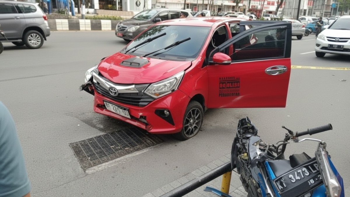 Mobil Sigra Merah Tabrak Motor Parkir di Jalan Sudirman Balikpapan