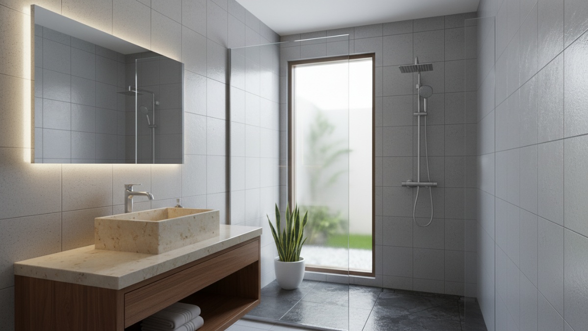 Pemilihan material menjadi faktor penting dalam menjaga kebersihan visual dan struktural kamar mandi. Permukaan dengan pori rendah seperti keramik glasir, porcelain tile, atau batu alam berlapis pelin
