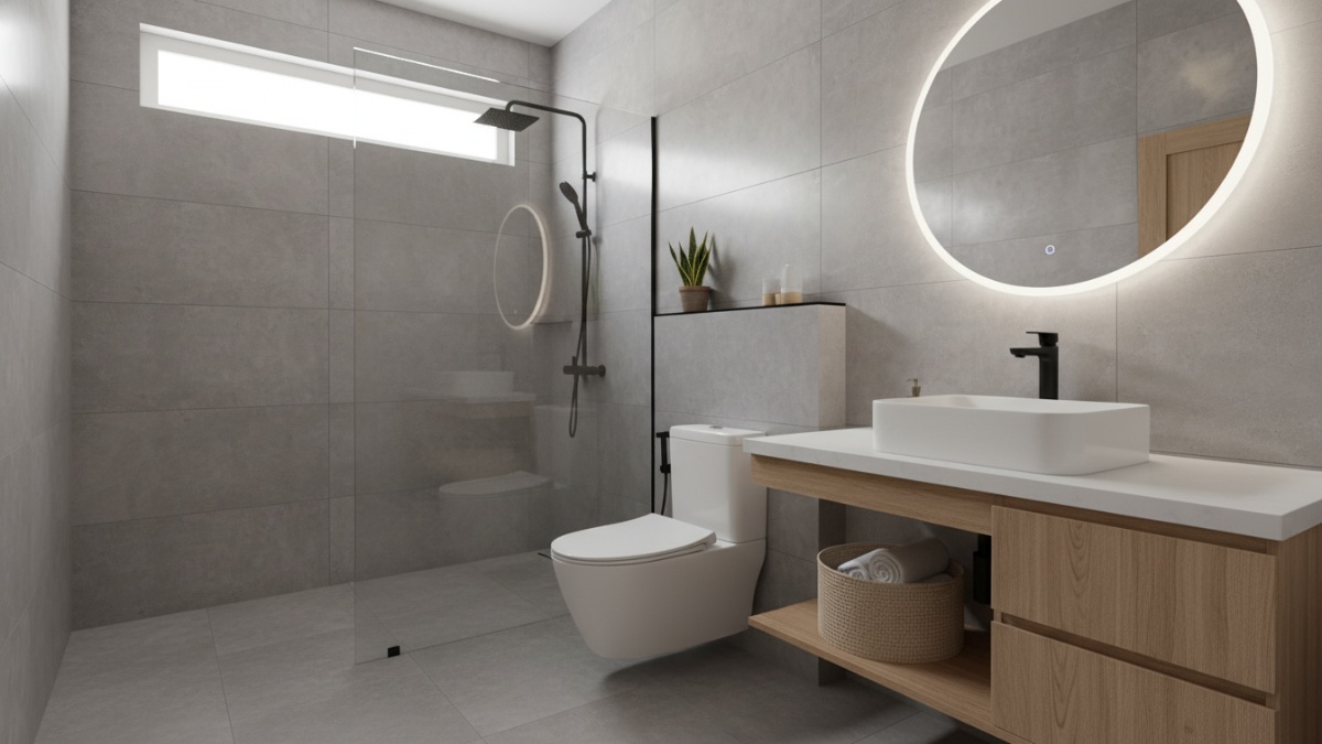 Ilustrasi kamar mandi modern bersih dengan desain minimalis.