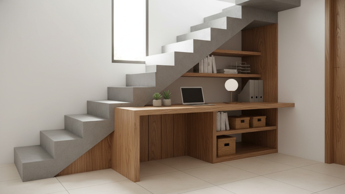 Fungsi ruang bawah tangga idealnya mengikuti kebutuhan penghuni rumah. Salah satu yang populer adalah meja kerja rumahan. Desain custom yang mengikuti kemiringan tangga membuat meja terlihat menyatu d