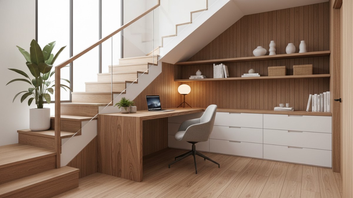 Desain ruang bawah tangga sebaiknya selaras dengan interior di sekitarnya.