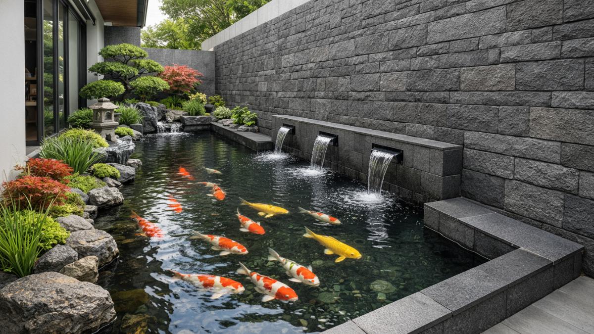 Kolam ikan minimalis bergaya taman jepang memanjang di sisi dinding atau pagar rumah.