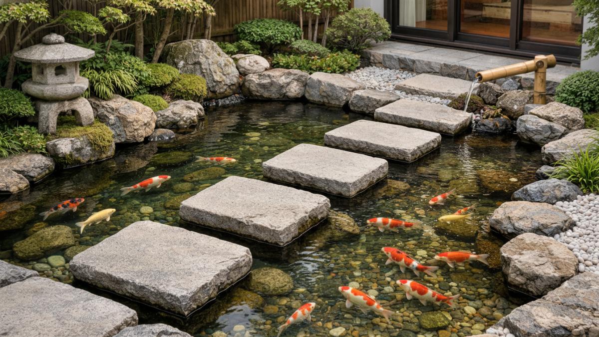 Kolam ikan minimalis bergaya taman jepang model dangkal dengan jembatan pijakan batu.