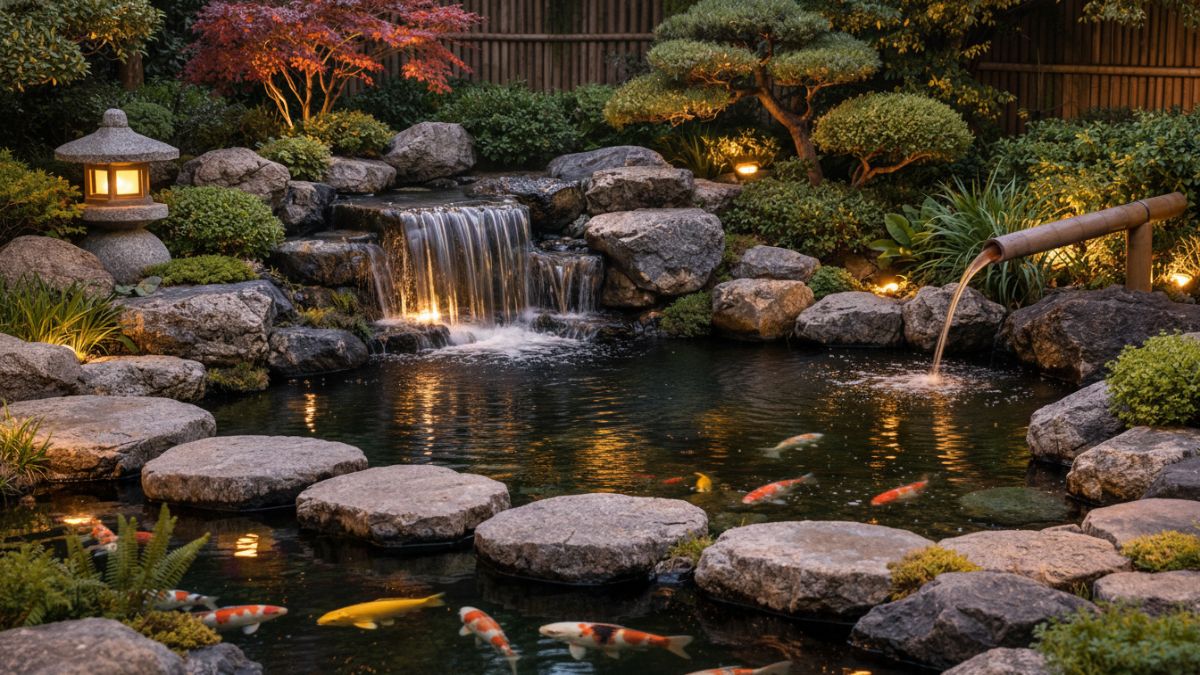Kolam ikan minimalis bergaya taman Jepang dengan air terjun mini dan pencahayaan hangat.