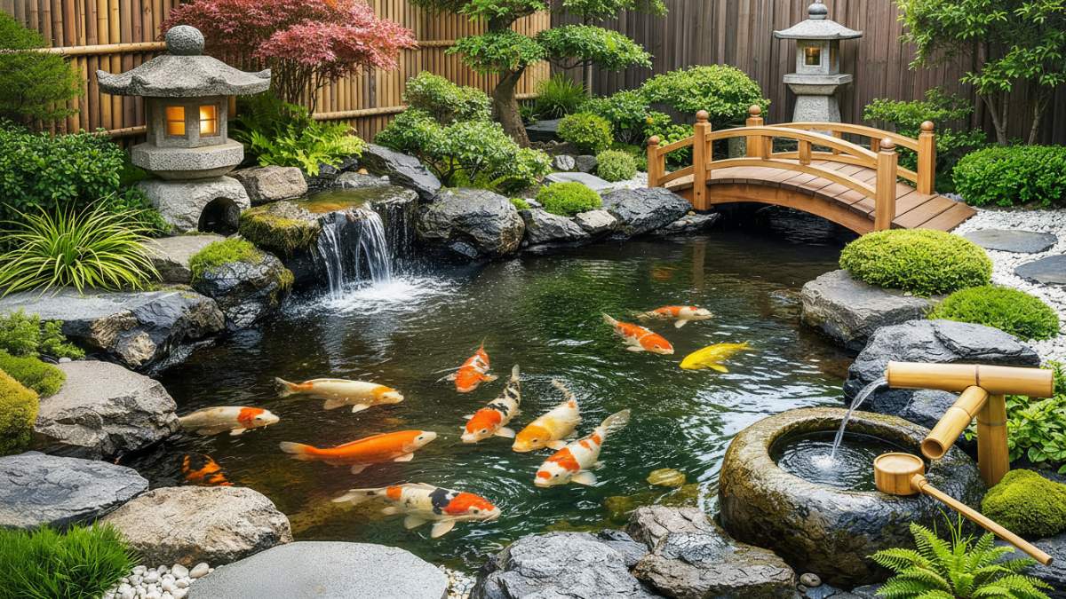 Kolam ikan minimalis nuansa taman Jepang menghadirkan harmoni visual di halaman kecil.
