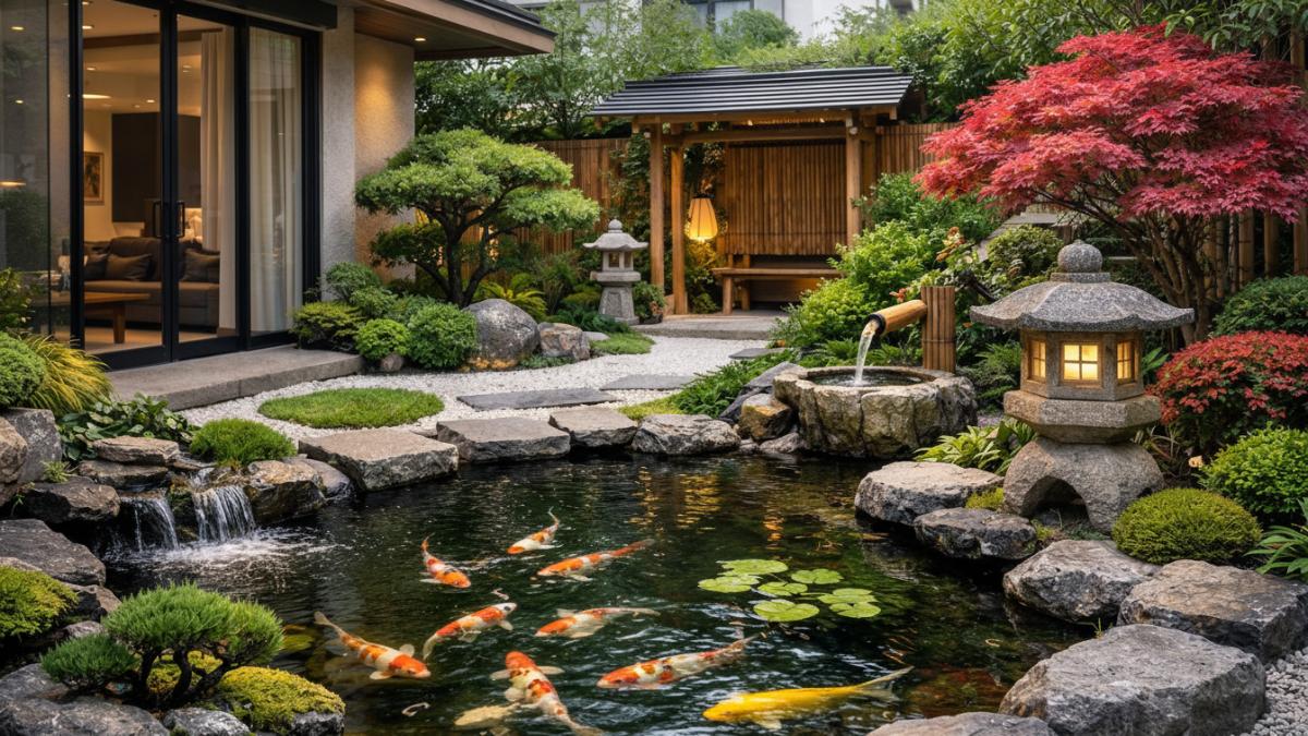 Penempatan kolam ikan minimalis nuansa taman Jepang sebagai titik fokus halaman kecil rumah modern.