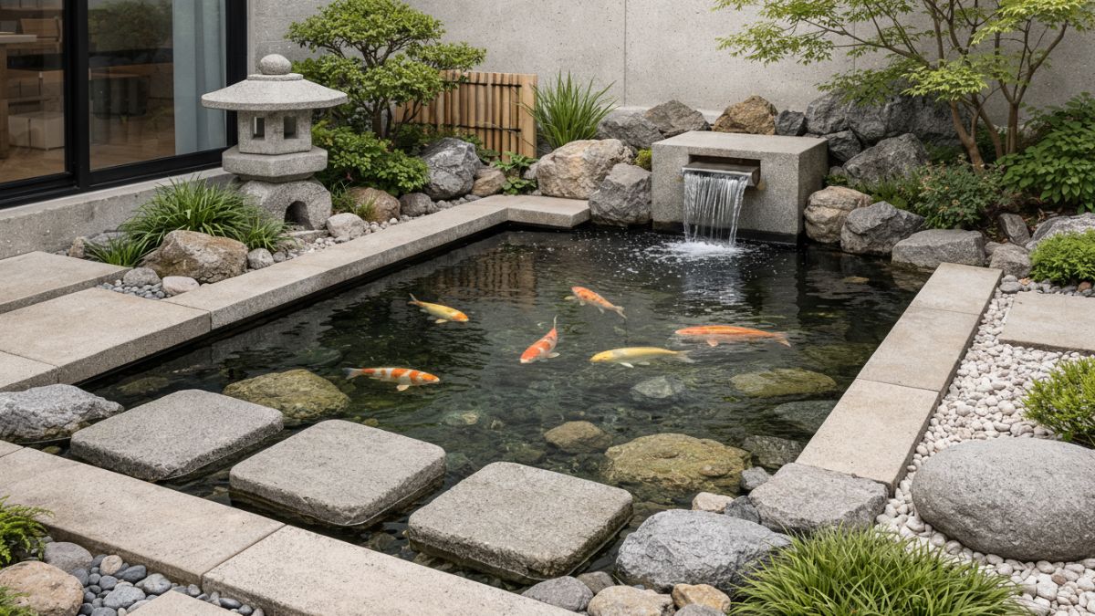 Material batu alam netral pada kolam ikan minimalis nuansa taman Jepang di halaman kecil rumah modern.