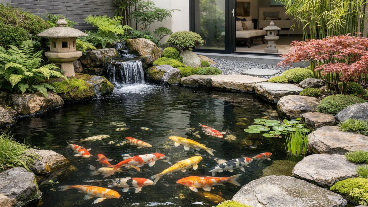 Kolam ikan minimalis bergaya taman Jepang dengan batu alam dan air terjun mini menciptakan suasana tenang. Tanaman selektif menjaga kolam tetap rapi, alami, dan mudah dirawat di halaman rumah modern.
