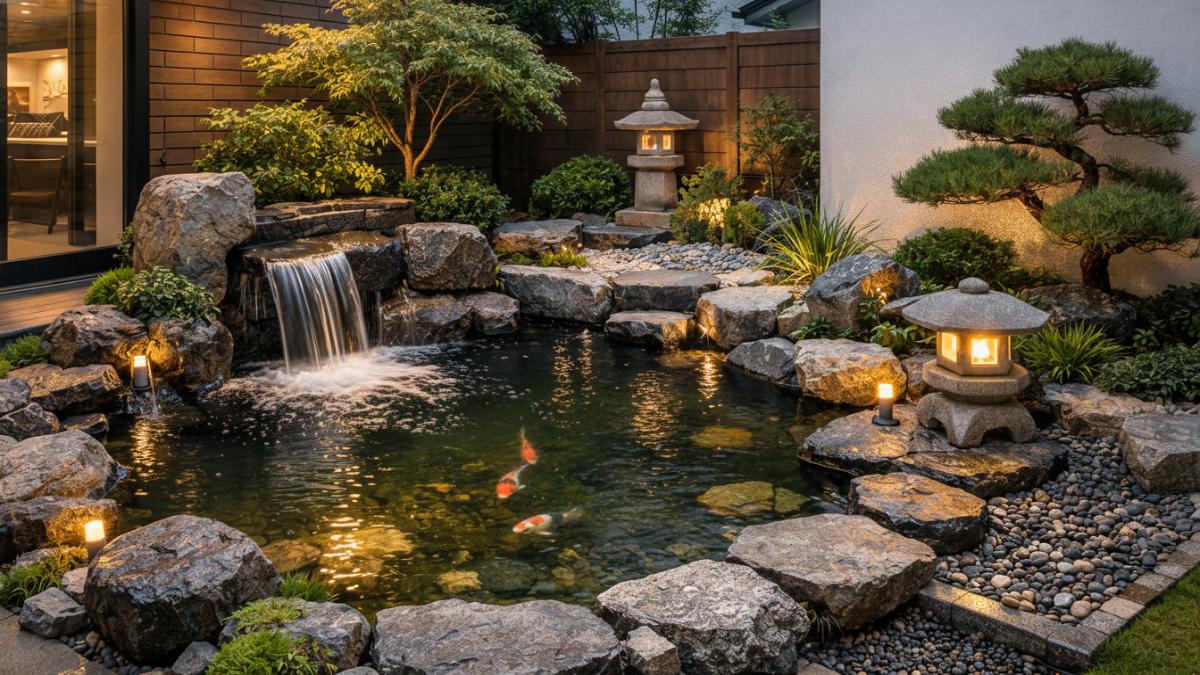 Sistem sirkulasi air dan pencahayaan lembut pada kolam ikan minimalis nuansa taman Jepang di halaman kecil rumah modern.