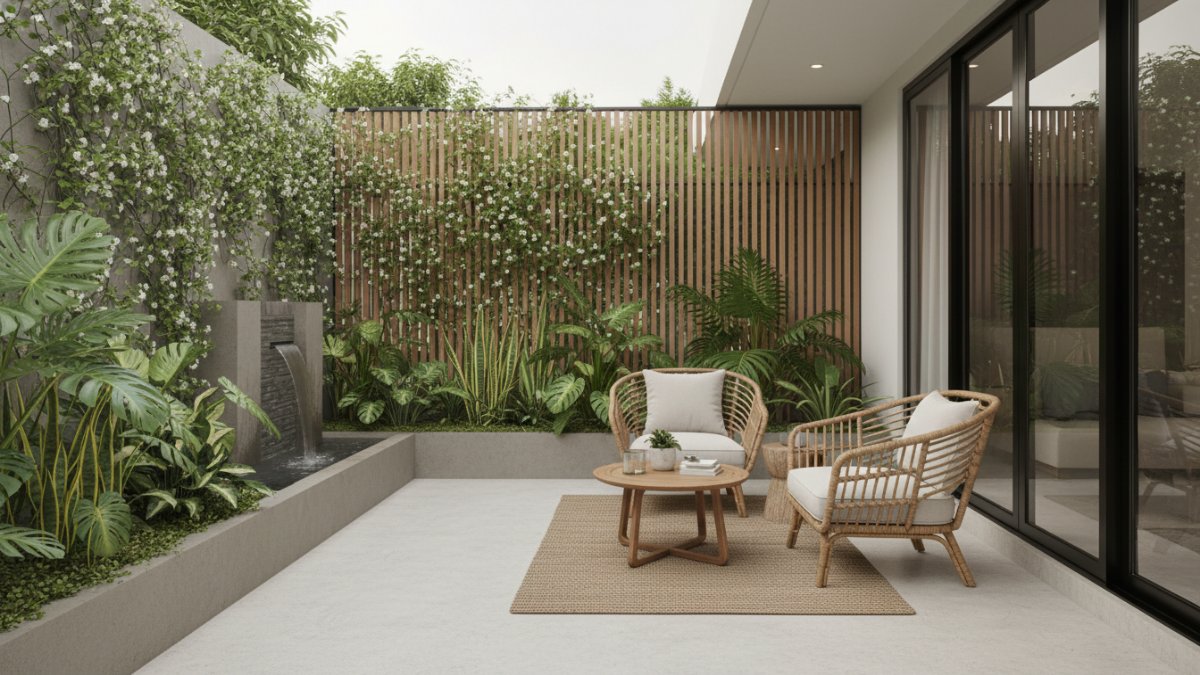 Teras rumah kecil bertaman dengan desain modern dan elemen alami.