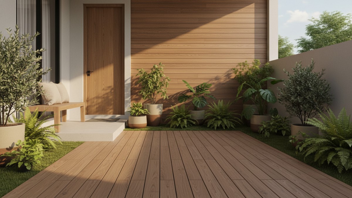 Material kayu menghangatkan visual teras
