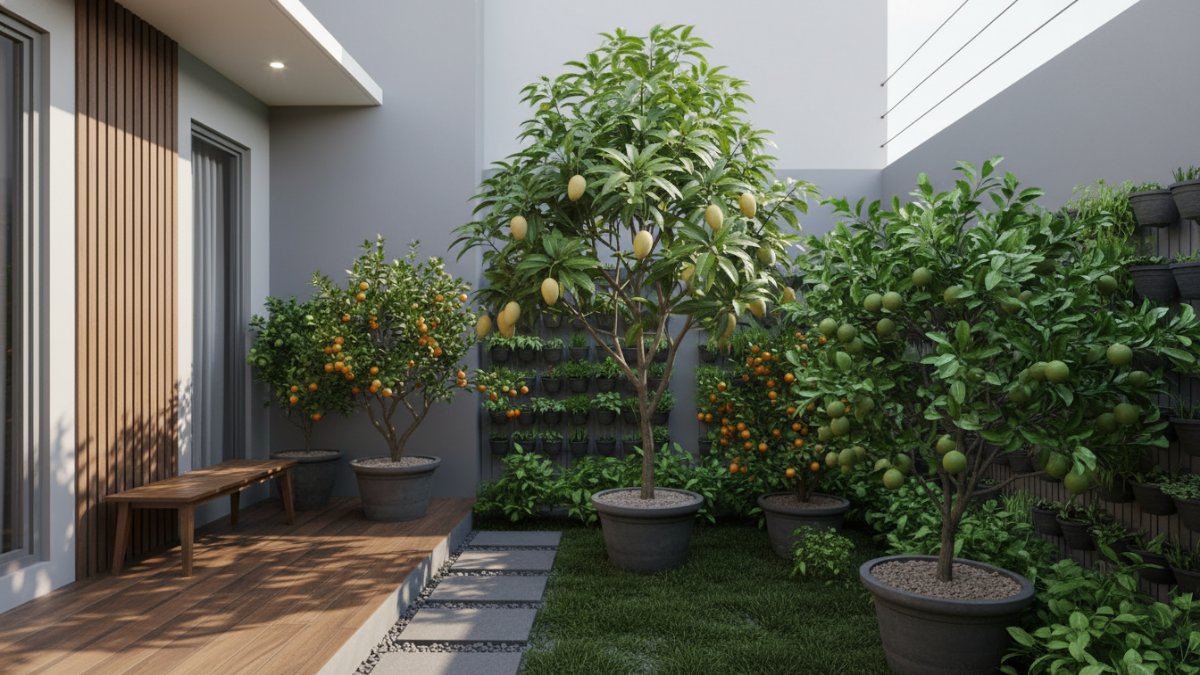 Pekarangan rumah sempit dengan tanaman buah berpohon pendek tertata rapi.