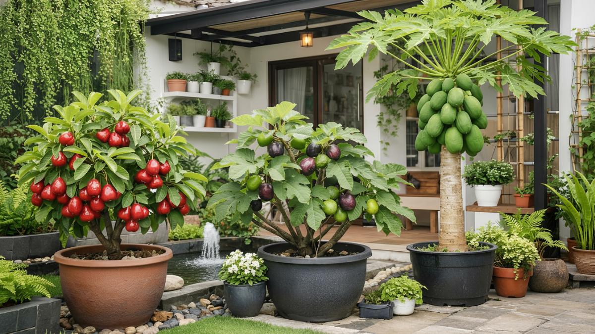 Tanaman buah produktif di pot besar menghiasi halaman rumah minimalis dengan konsep hijau efisien dan bernilai guna.