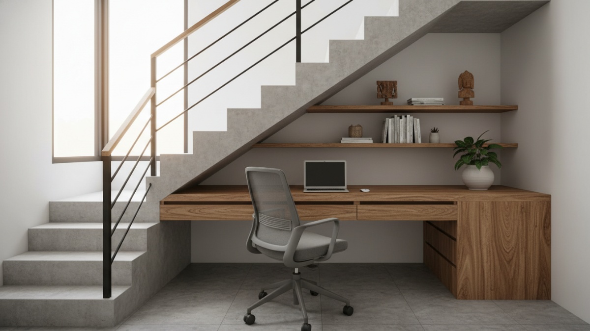Sudut workspace mengikuti kemiringan tangga tampak rapi dan hemat ruang.