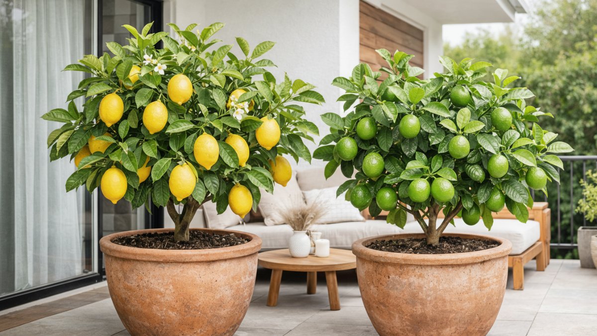 Jeruk nipis dan lemon tumbuh adaptif di pot besar teras rumah minimalis.