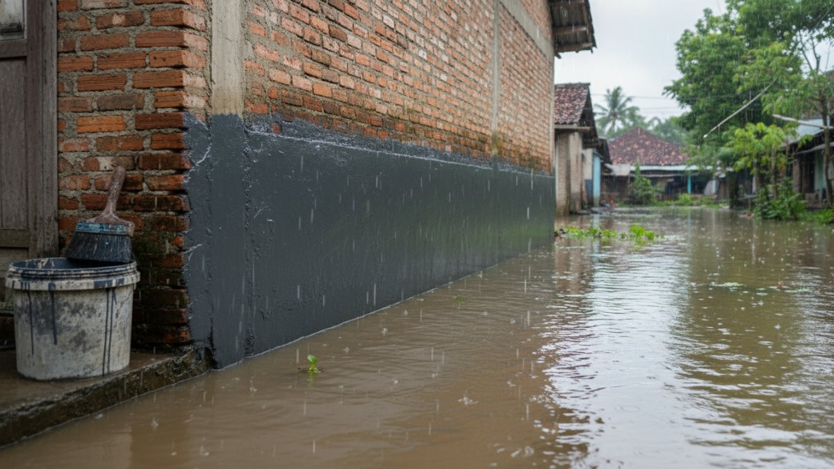 Material tahan air melindungi dinding rumah dari rendaman saat musim hujan.