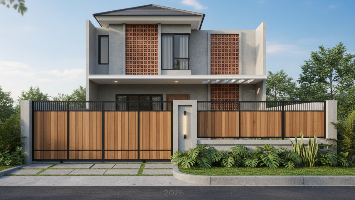 Desain pagar rumah minimalis modern dengan garis tegas dan material kombinasi membentuk identitas fasad Cess!