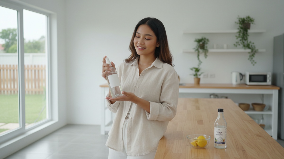 Campuran cuka dan air bersih dalam botol semprot siap digunakan.
