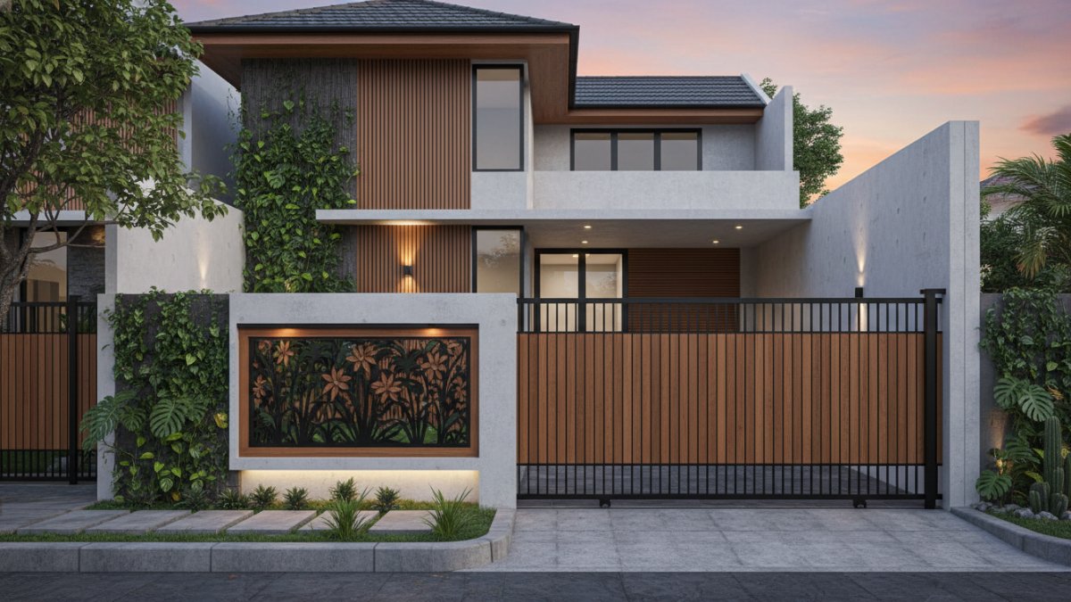 Tampilan pagar minimalis modern di fasad rumah
