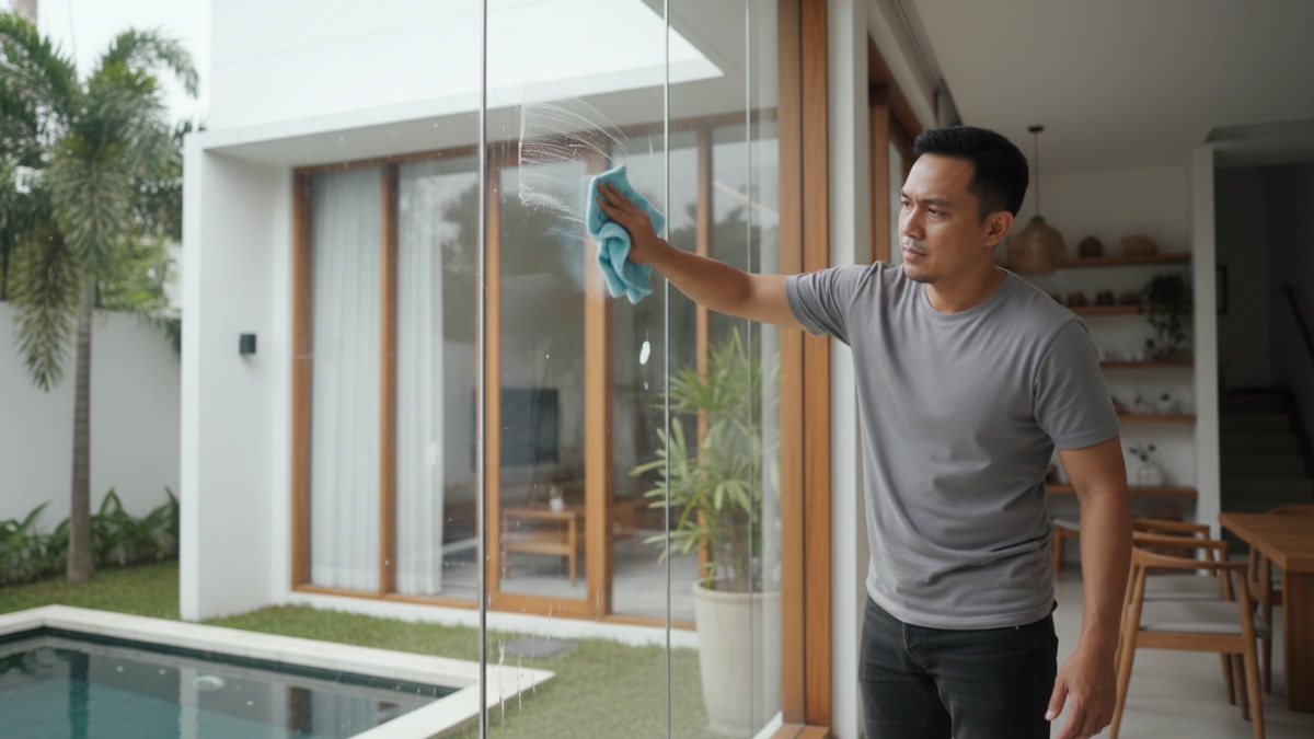 Proses mengelap kaca dengan kain mikrofiber satu arah.