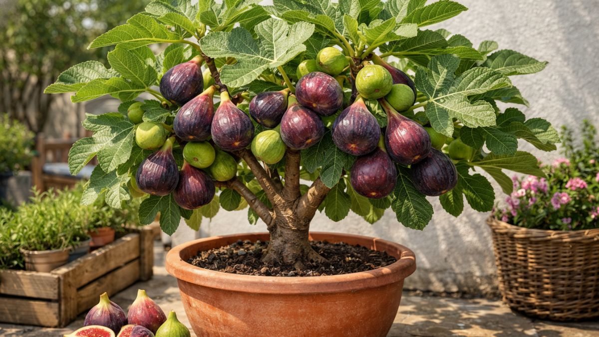Tanaman tin dalam pot dengan buah siap panen.