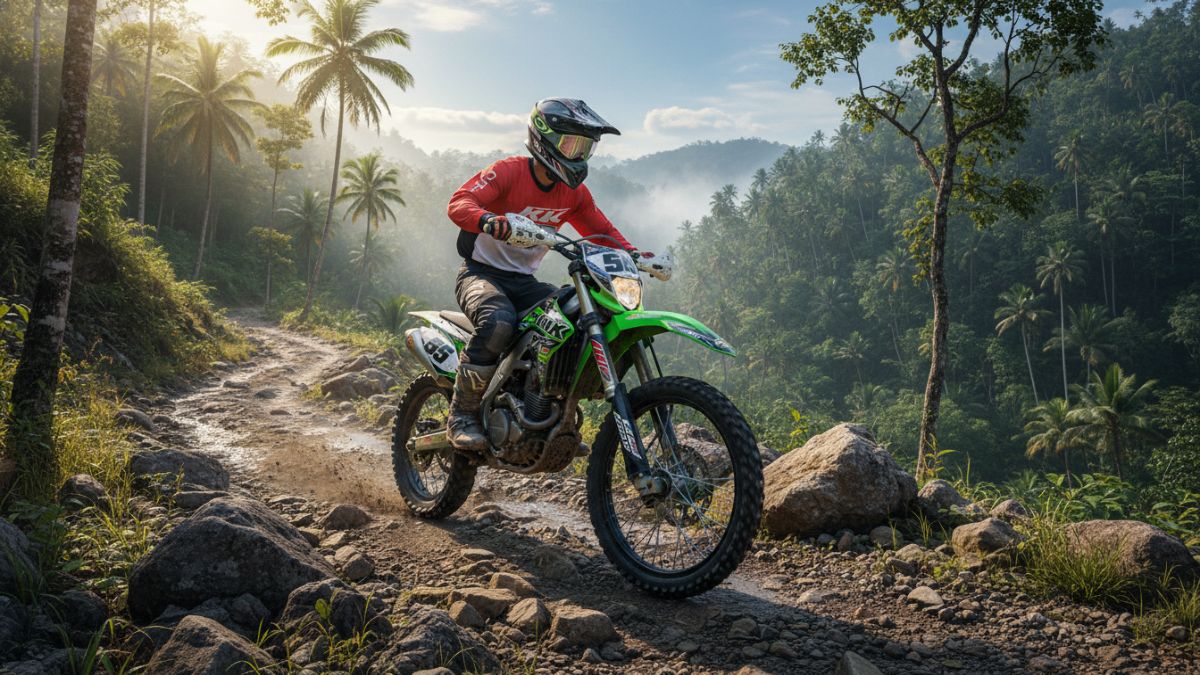 Tampilan motor trail di jalur berbatu menanjak dengan tenaga stabil.