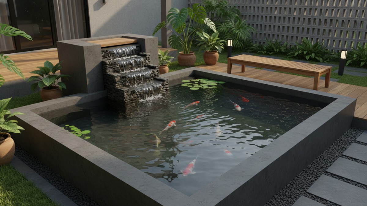 Skema pompa dan filter biologis pada kolam teras