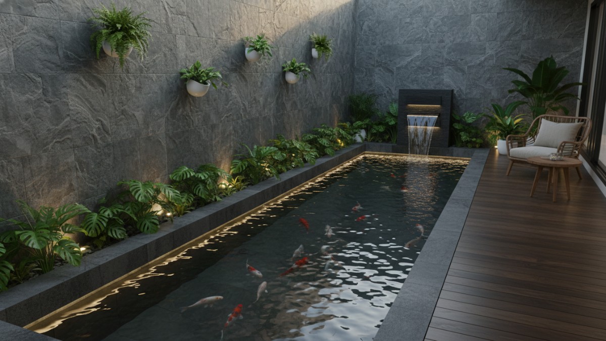 Desain kolam memanjang menempel dinding teras