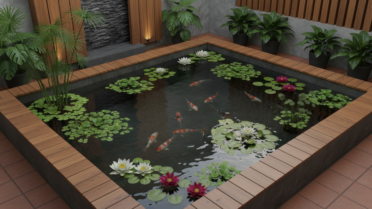 Tanaman air dan pancuran kecil di kolam teras