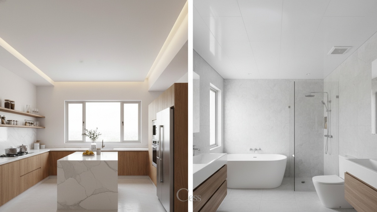 Plafon PVC putih dapur dan Panel PVC tahan air kamar mandi