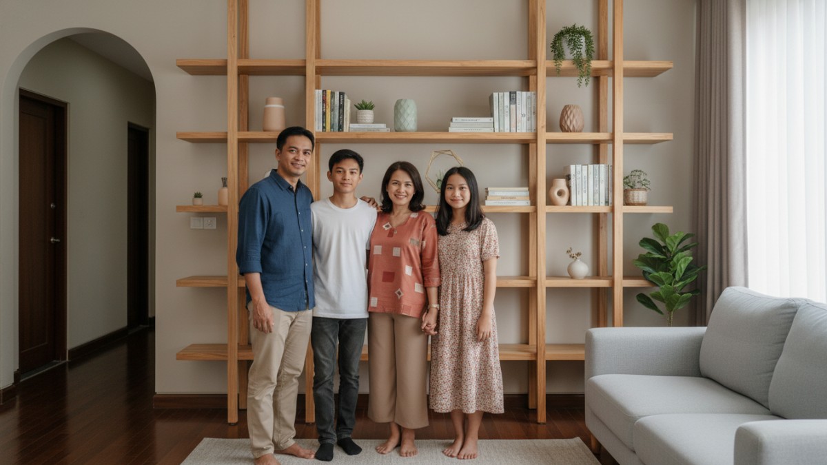 Rak minimalis modern dengan garis sederhana yang menyatu dengan interior rumah