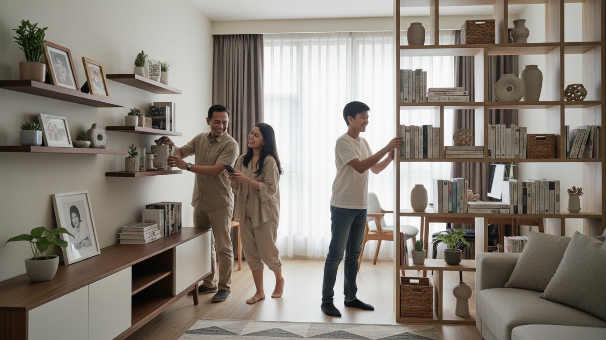 Penempatan rak perlu menyesuaikan aktivitas ruang. Rak dinding menjadi pilihan ideal untuk area terbatas karena tidak memakan ruang lantai.