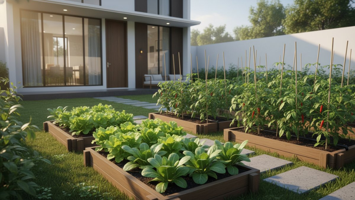 Kebun pot sayur di teras rumah kecil