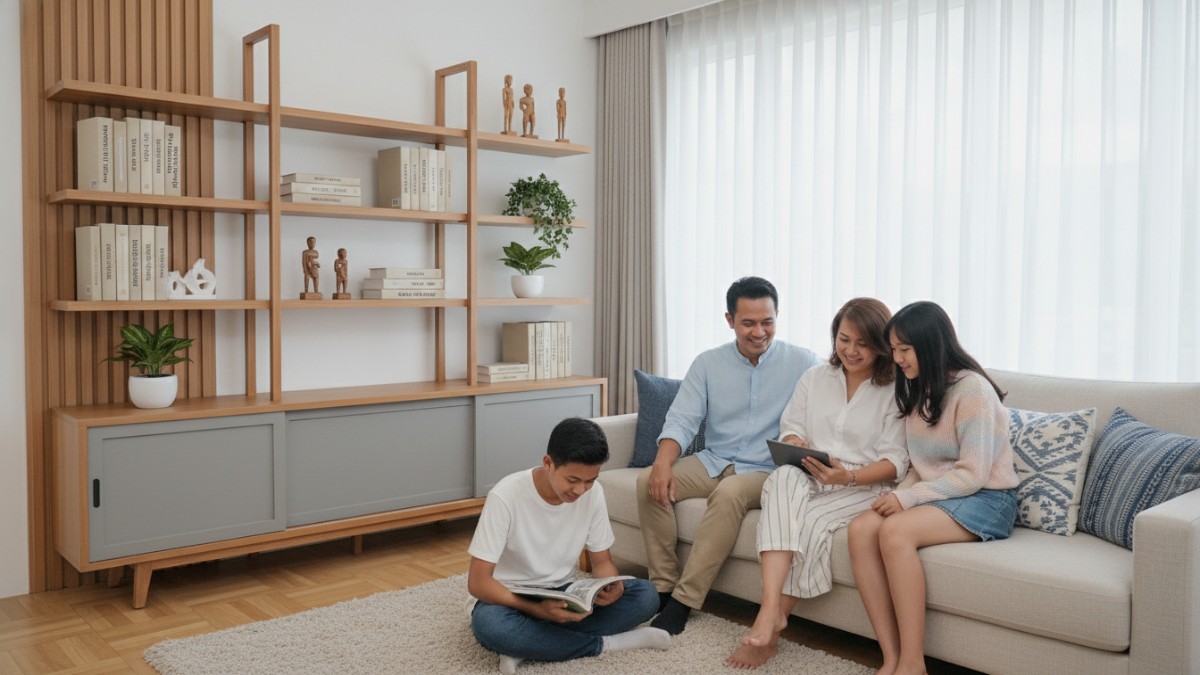 Rak minimalis modern yang mendukung kerapian ruang keluarga