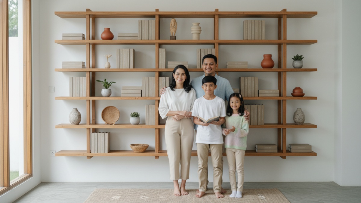 Penataan isi rak perlu memperhatikan ritme visual. Menggabungkan benda fungsional dengan elemen dekoratif membantu menciptakan keseimbangan tampilan