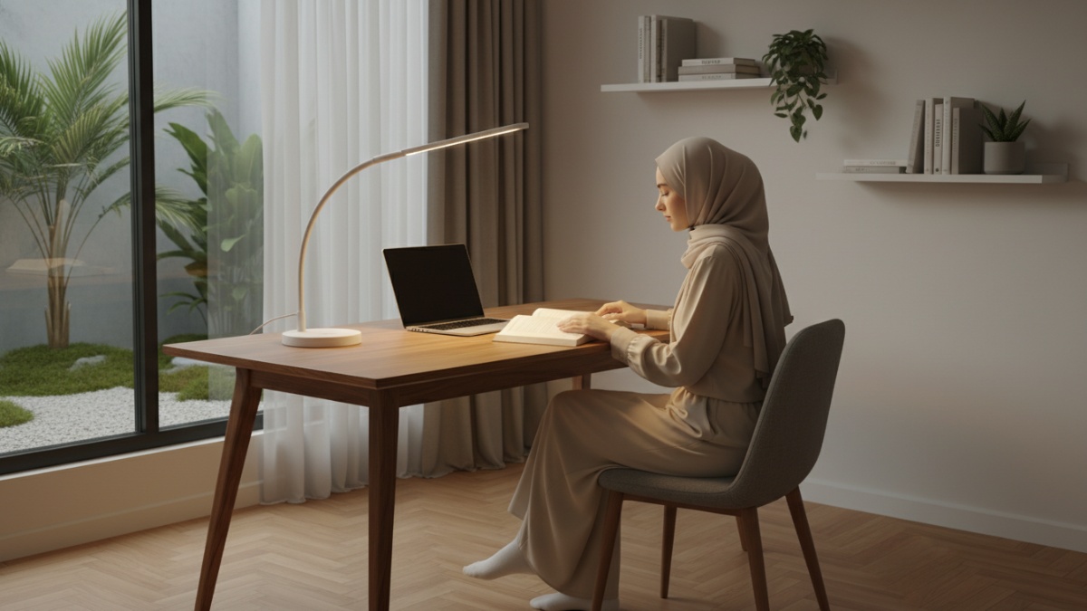 Pencahayaan lampu belajar yang tepat untuk kenyamanan mata.