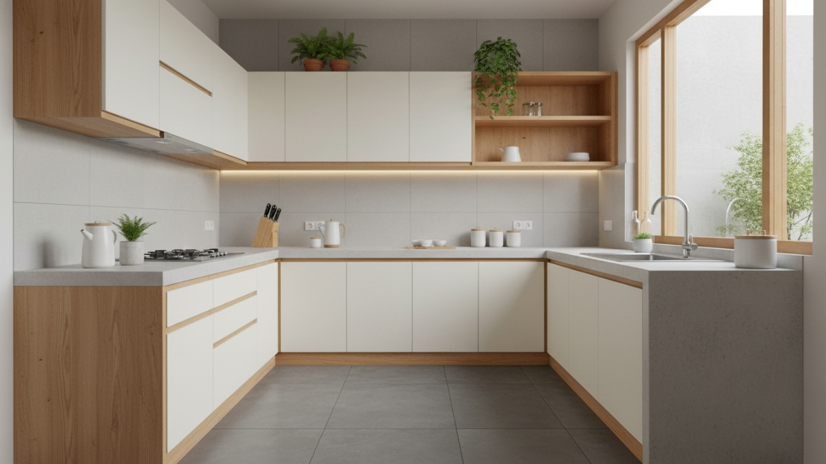 Tampilan lemari dapur minimalis dengan garis sederhana dan warna netral.