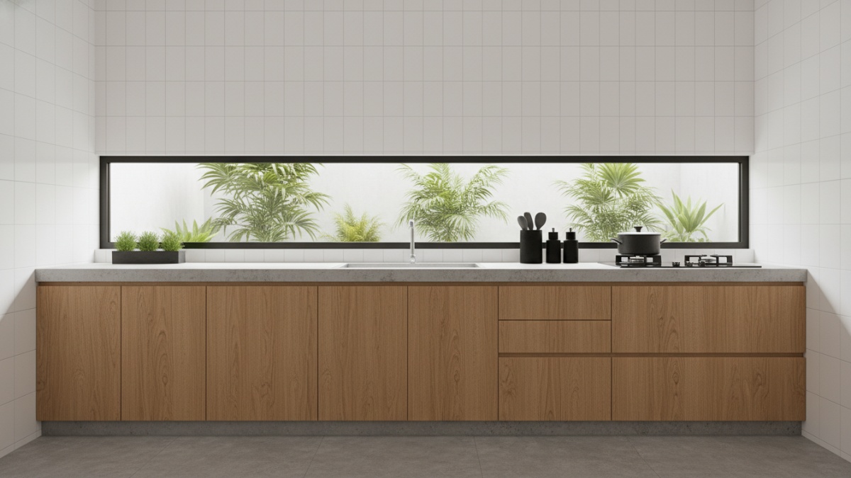 Kabinet dapur datar tanpa ornamen berlebih.